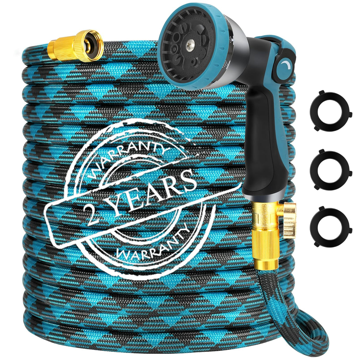 YMTEEDIO garden hose 50ft coil for easy storage and tangle-free watering.