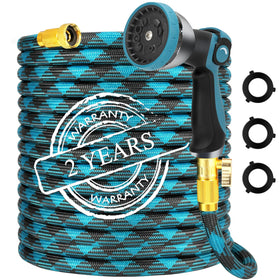 YMTEEDIO garden hose 50ft coil for easy storage and tangle-free watering.