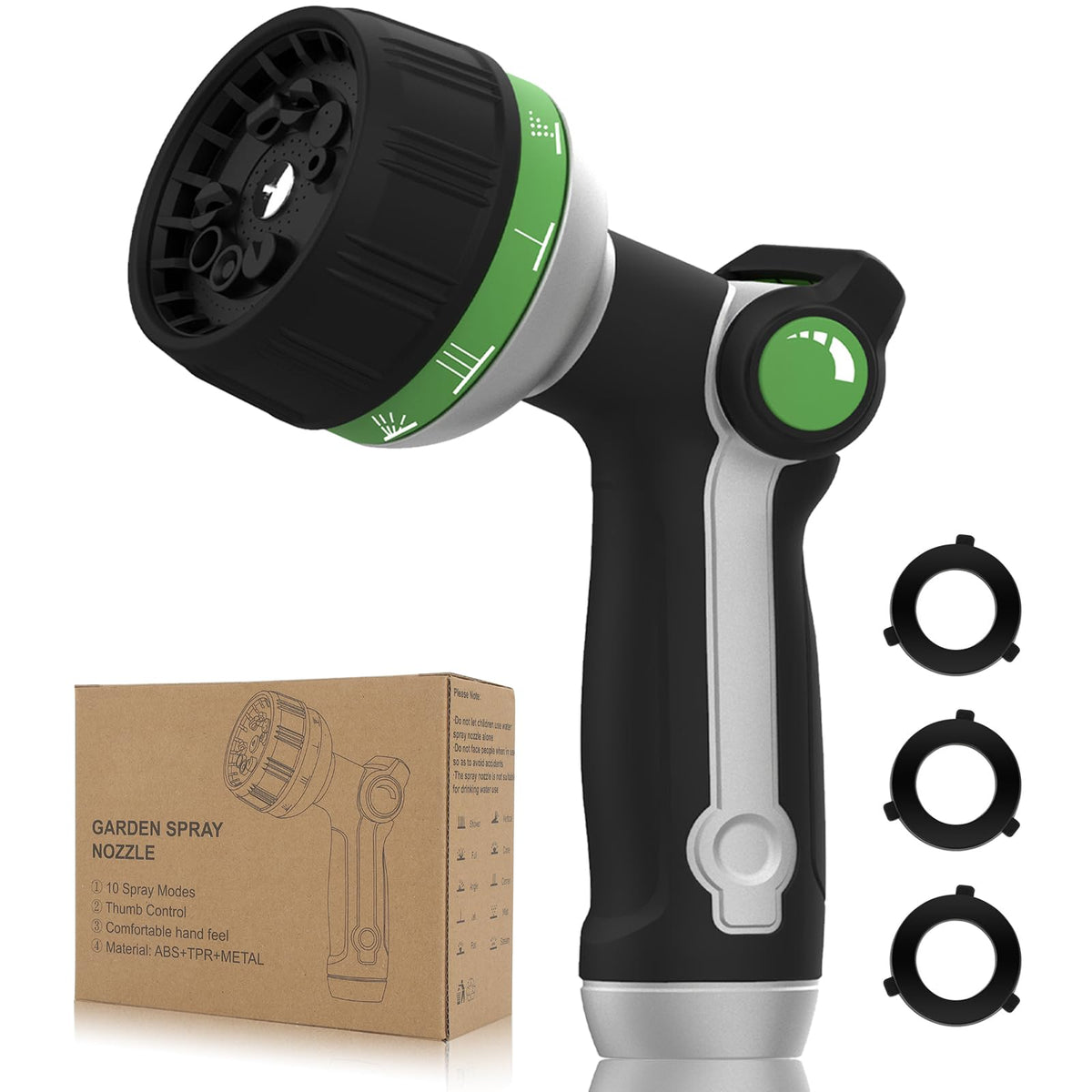 YMTEEDIO garden hose nozzle shows durable metal construction for outdoor use