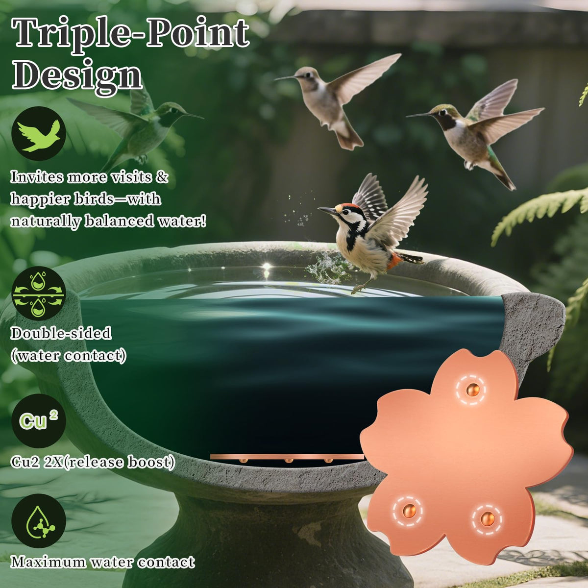 Yncotte copper disk design inspired by flowers attracts birds.