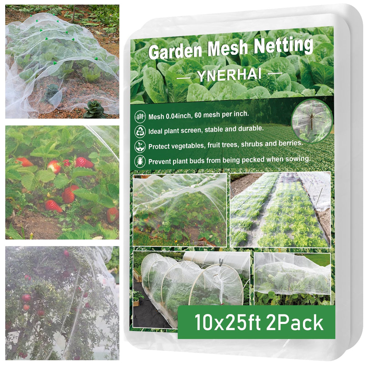 YNERHAI 2-pack garden netting draped over plants provides ultra-fine protection while letting light through.