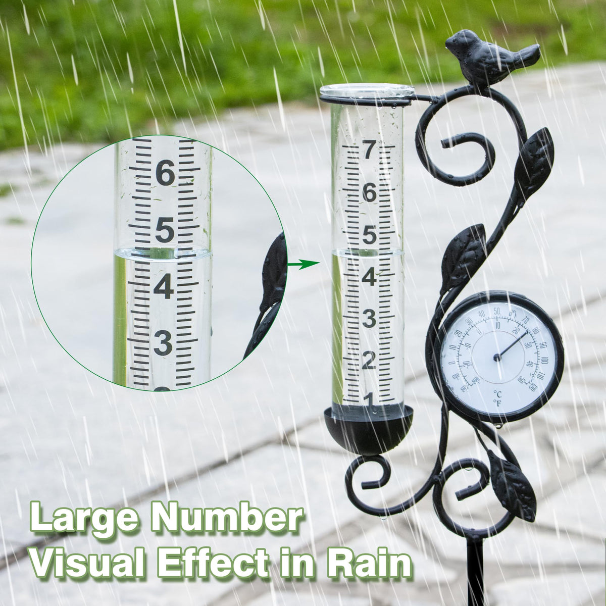 YNGFIL garden decor statue doubles as rainfall and temperature display.