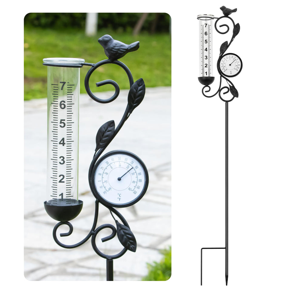 YNGFIL rain gauge with bird design provides accurate rainfall readings for the yard.