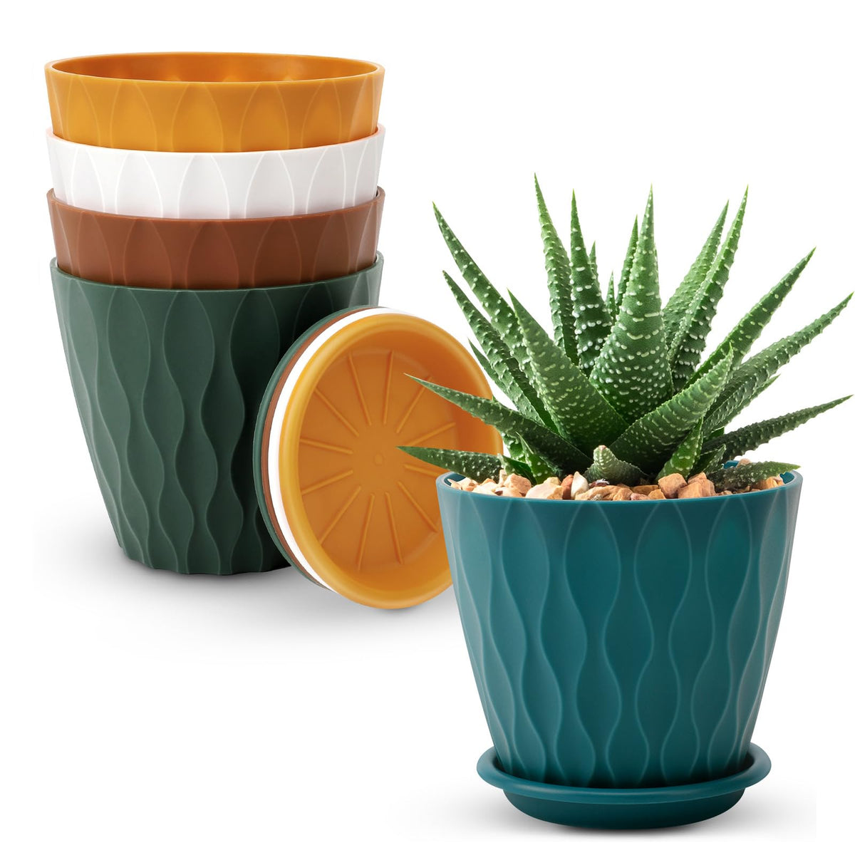 YNNICO 4-inch multicolor plant pot with drainage holes and tray for indoor greenery.