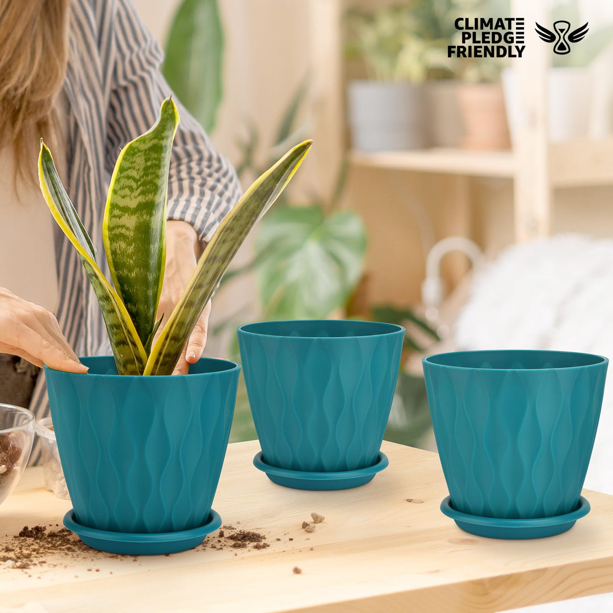 Set of five blue pots enhances balconies and desks.