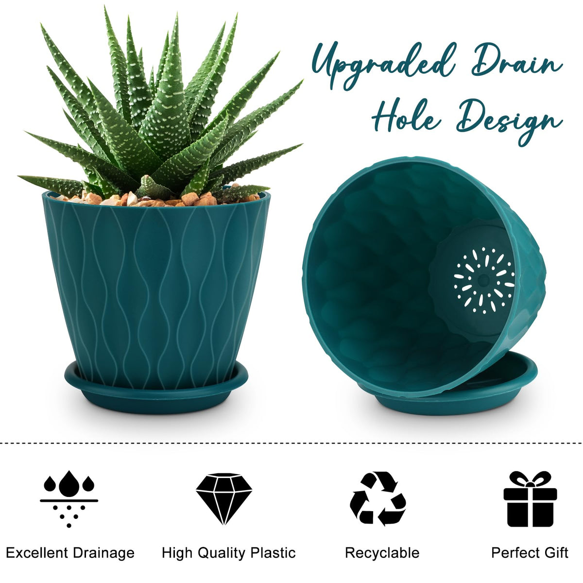 Blue YNNICO planters blend modern style with practicality.