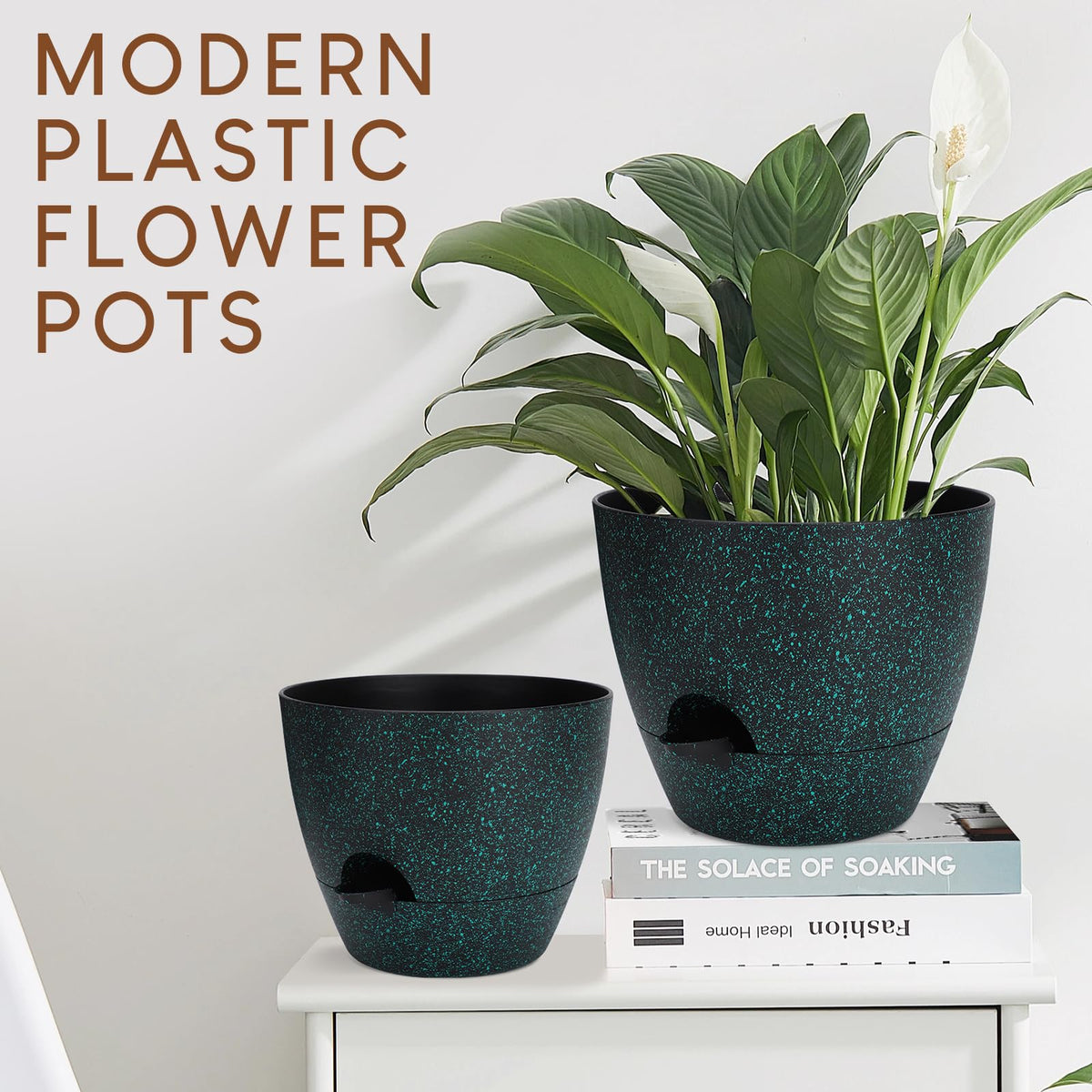 YNNICO green speckle planter with tray for easy care and decor.