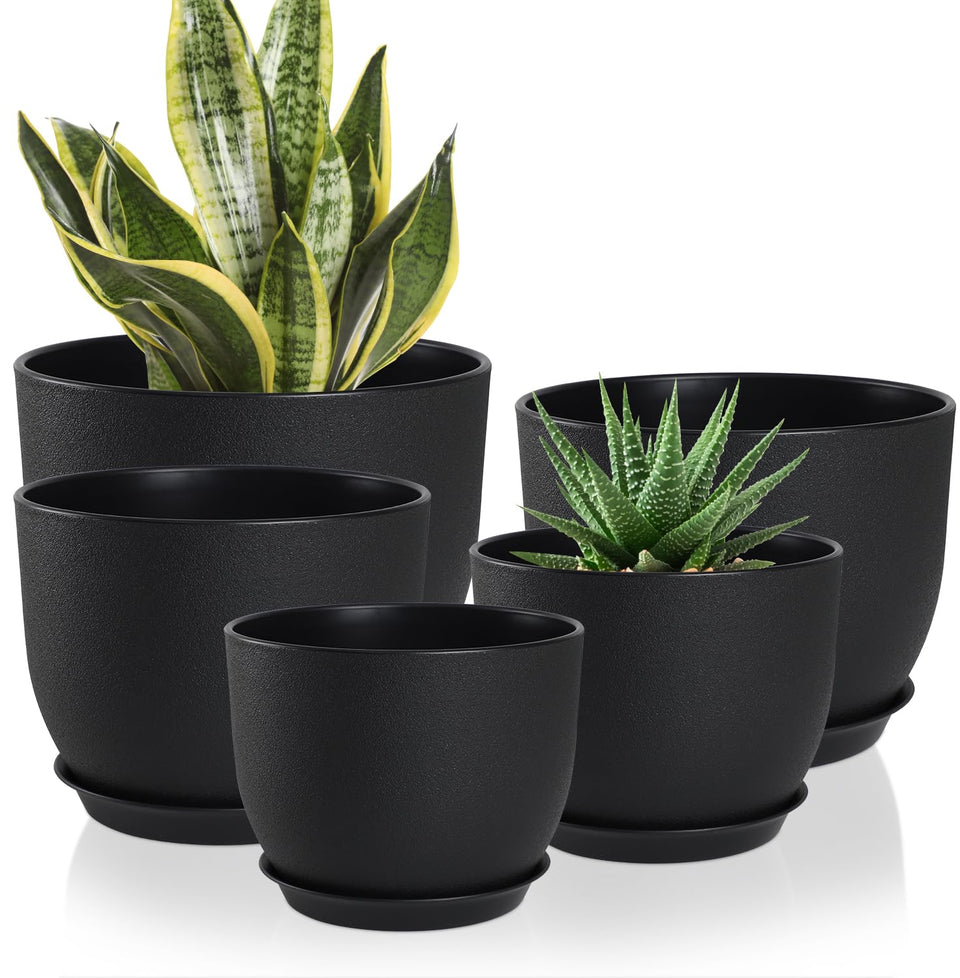 YNNICO plant pots set with deep reservoir for easy vacation watering.