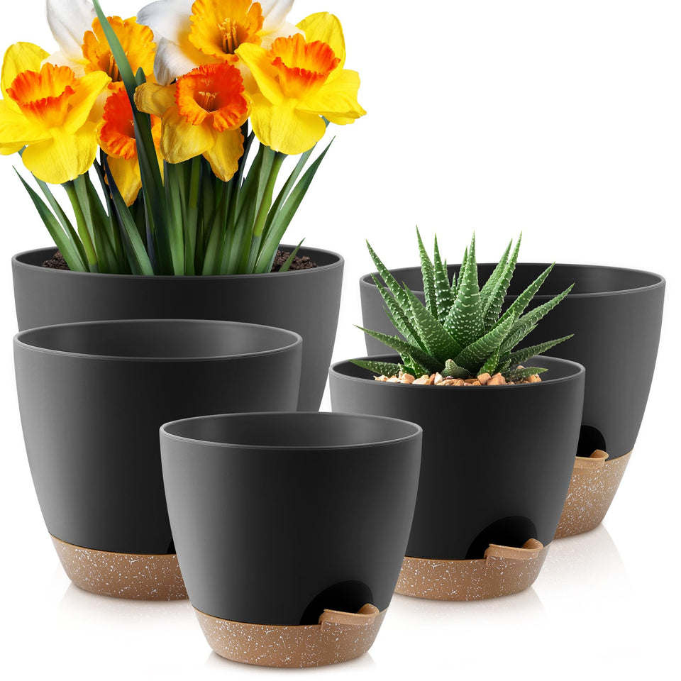 YNNICO self-watering pot 10-inch in matte black for low-maintenance indoor gardening.