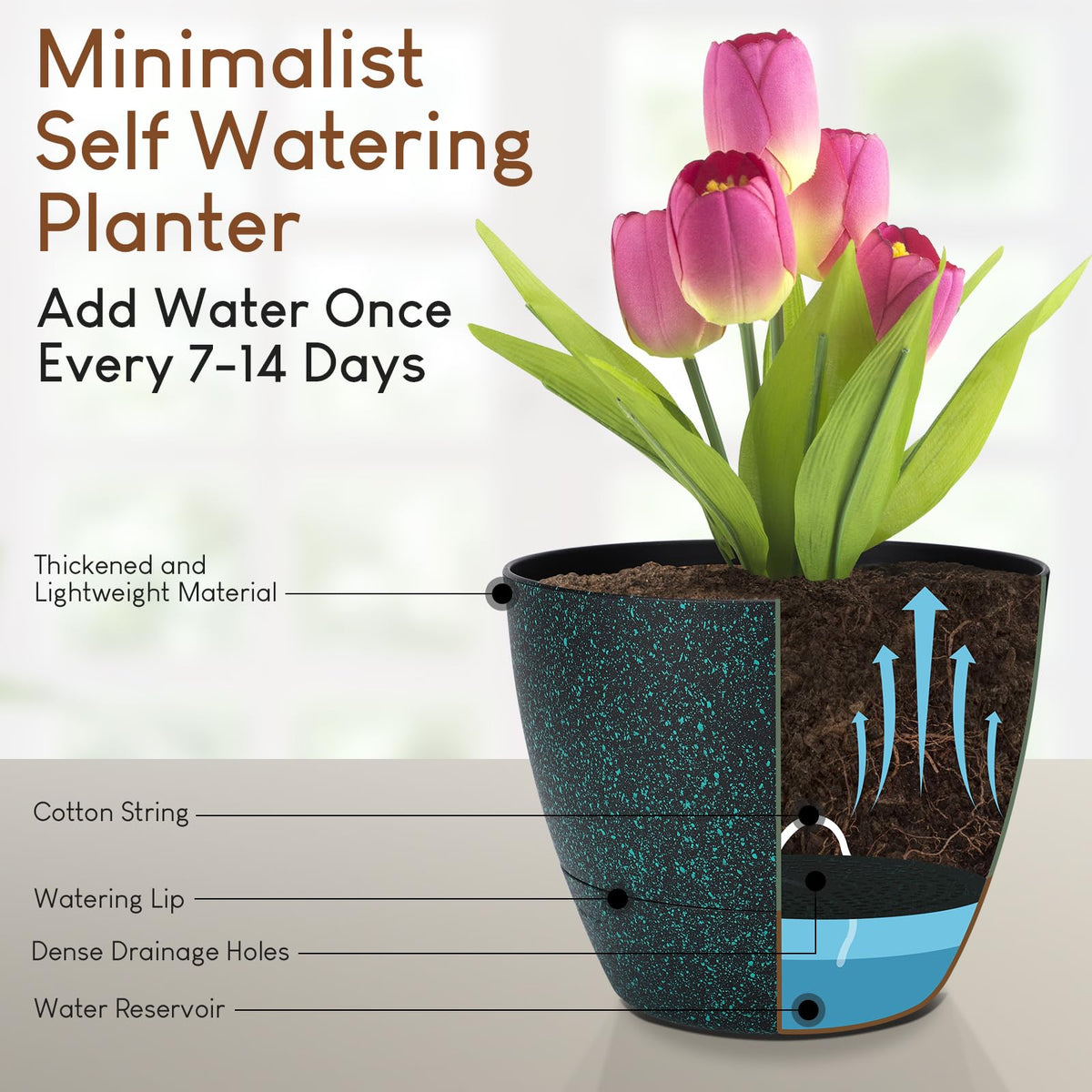 YNNICO 7.5-inch pot with deep reservoir for longer intervals.