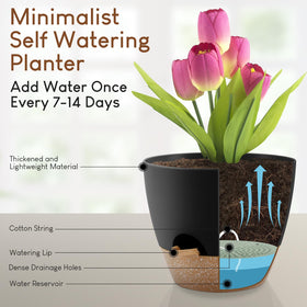 YNNICO self-watering pot 7.5-inch deep reservoir supports vacation-ready plant care.