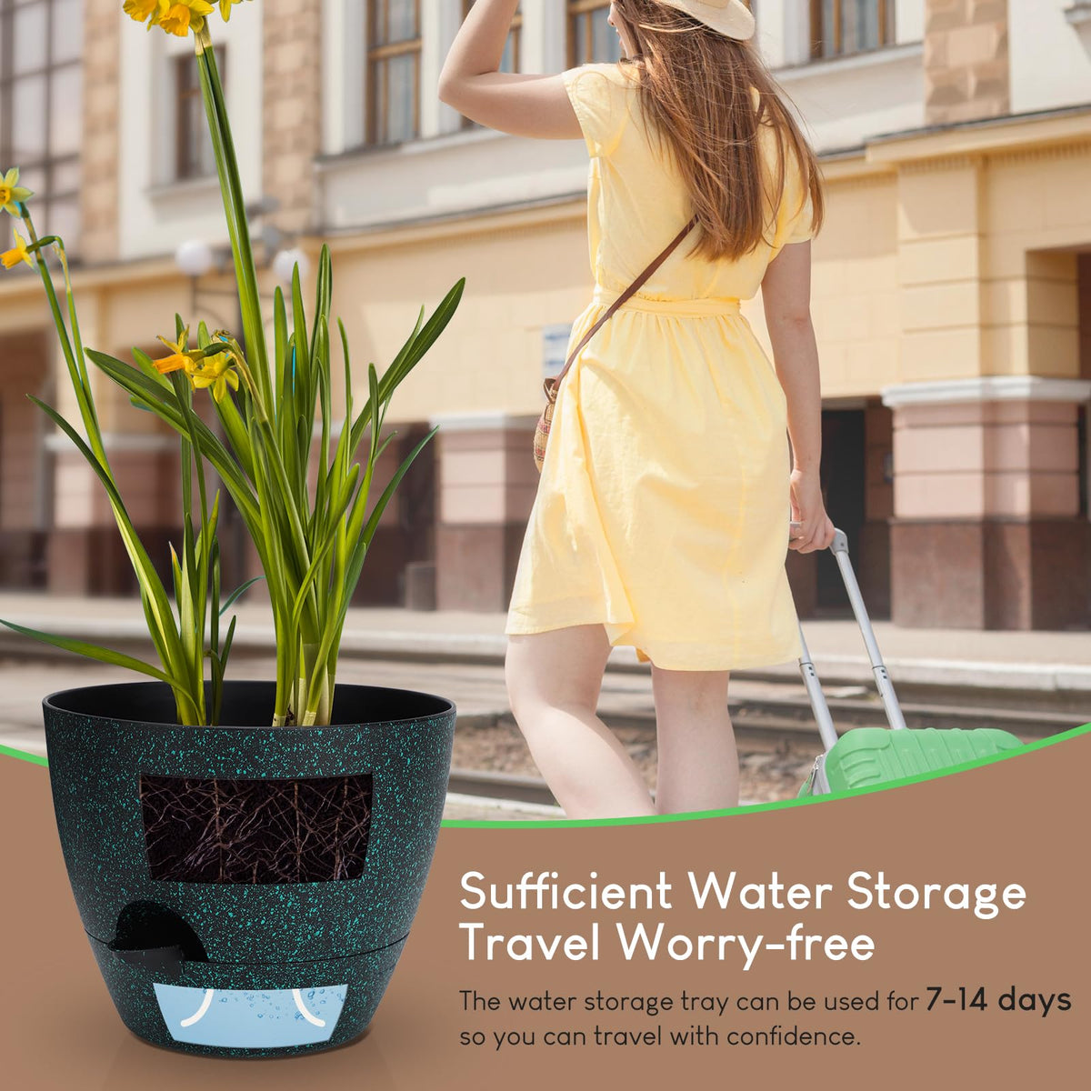 YNNICO 7-inch pot with built-in tray for bottom watering.