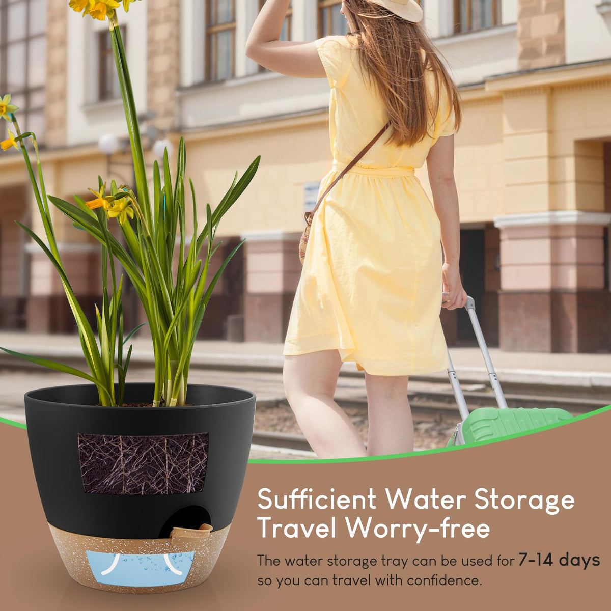YNNICO self-watering pot 7-inch matte-black indoor or balcony display.