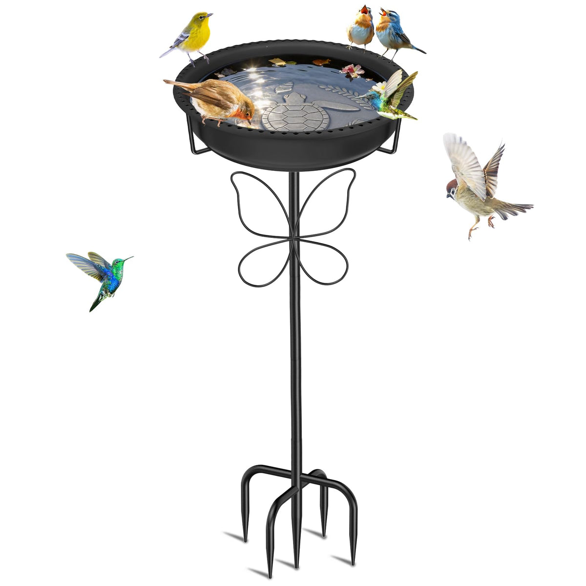 YOADEHOA Bird 37-Inch Bath with metal base provides stable outdoor water access.