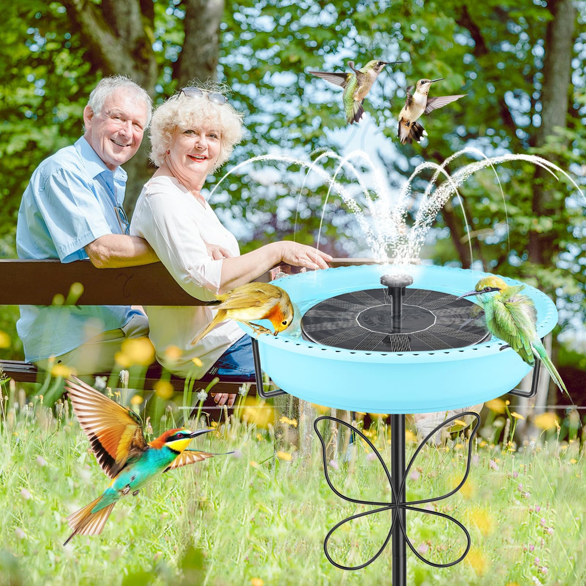 YOADEHOA blue birdbath adds vibrant focal point to outdoor decor.