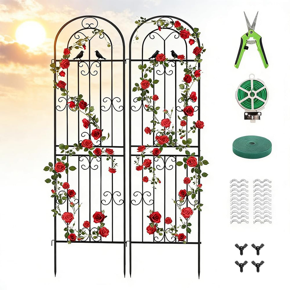 YOBAZAN 2-pack metal garden trellis stand provides tall, stable support for climbing plants.