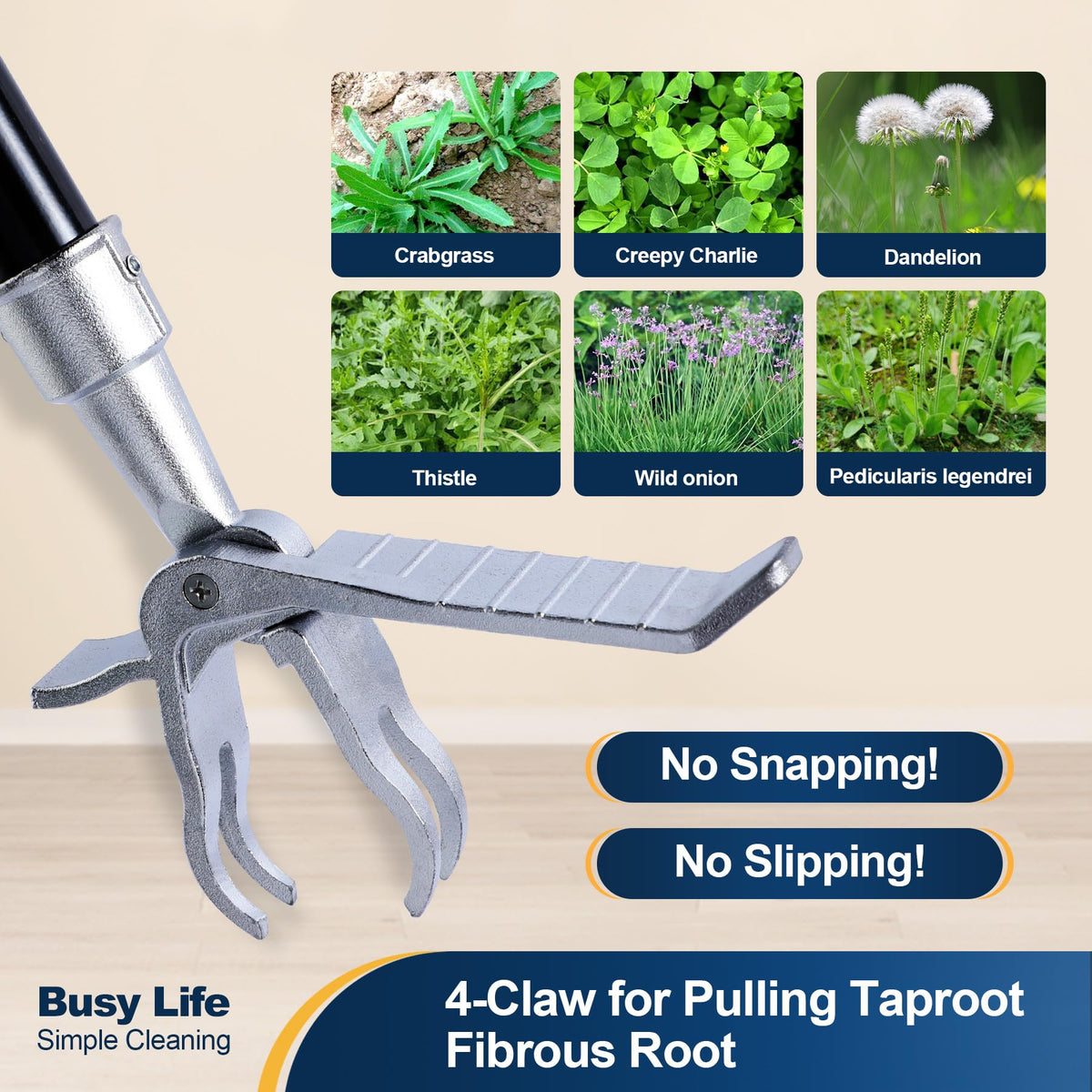 Yocada four-tooth steel jaws grip weeds firmly for easy removal.