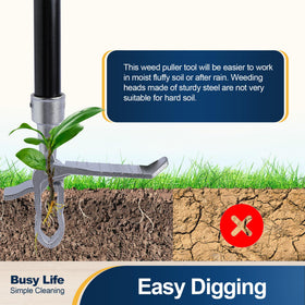 Yocada long-handle weed remover reduces bending during garden maintenance.