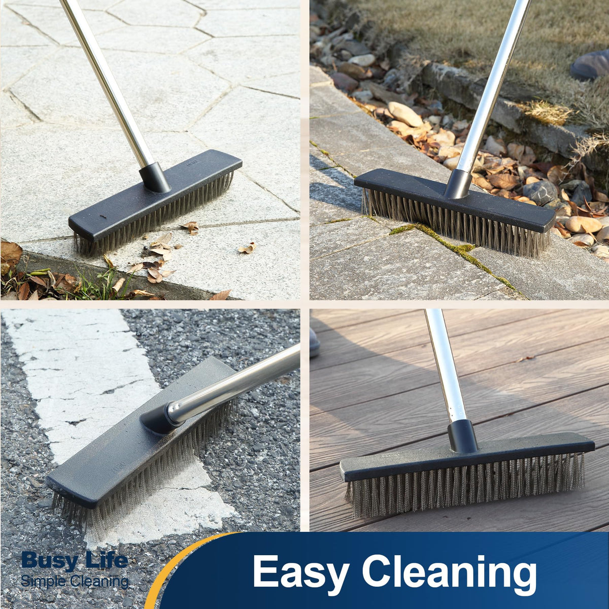 Yocada scrub brush cleans joints in sidewalk gaps and cracks.