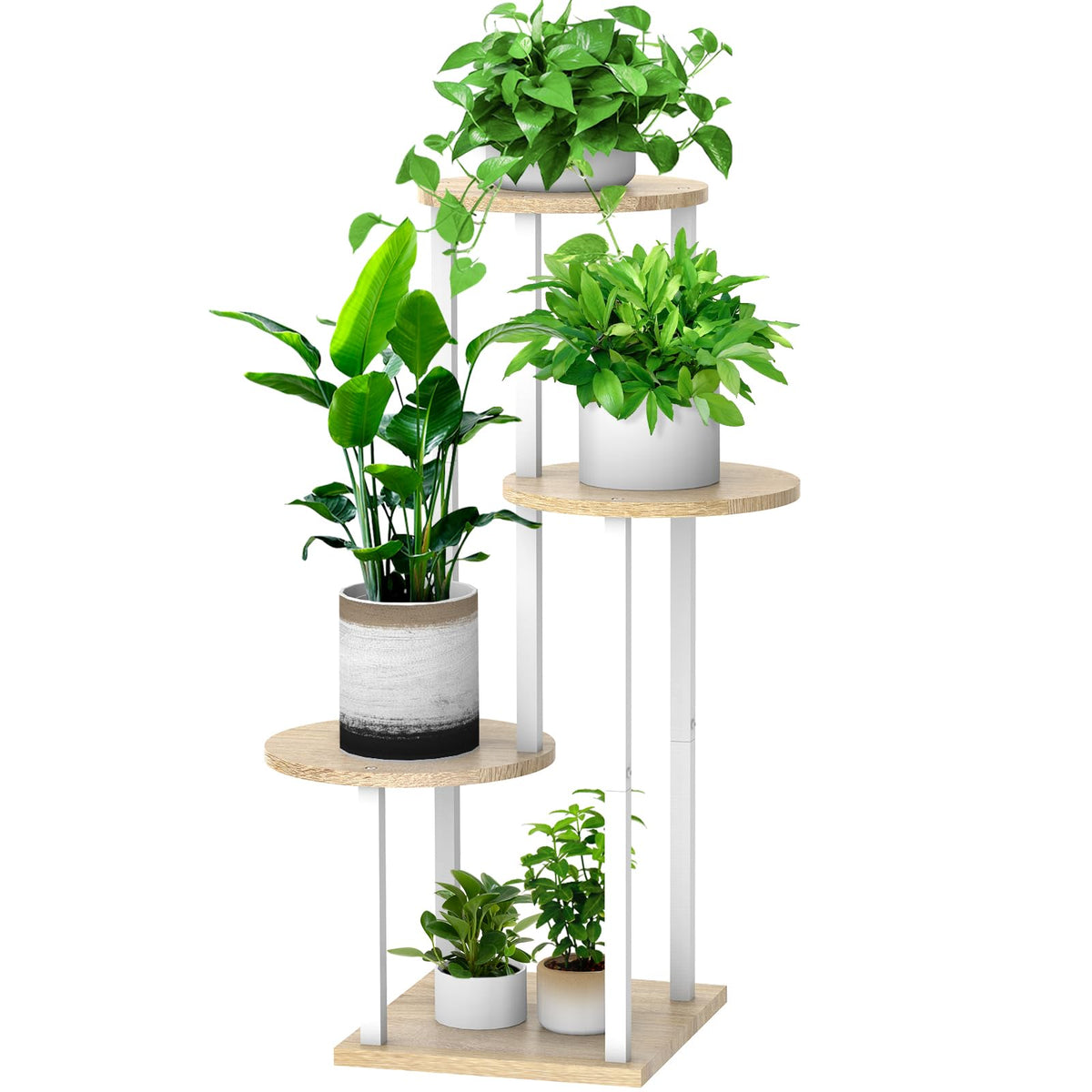 YOCOMEY 4-tier wood tall plant stand displaying four pots in a sunny corner.