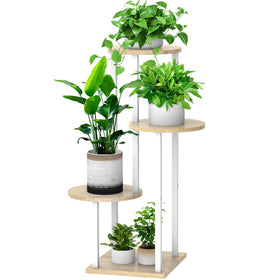 YOCOMEY 4-tier wood tall plant stand displaying four pots in a sunny corner.
