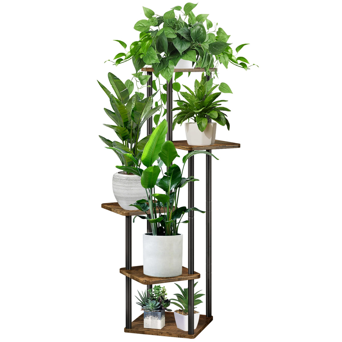 YOCOMEY 5-tier plant stand in black and brown, compact corner-friendly display.