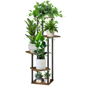 YOCOMEY 5-tier plant stand in black and brown, compact corner-friendly display.