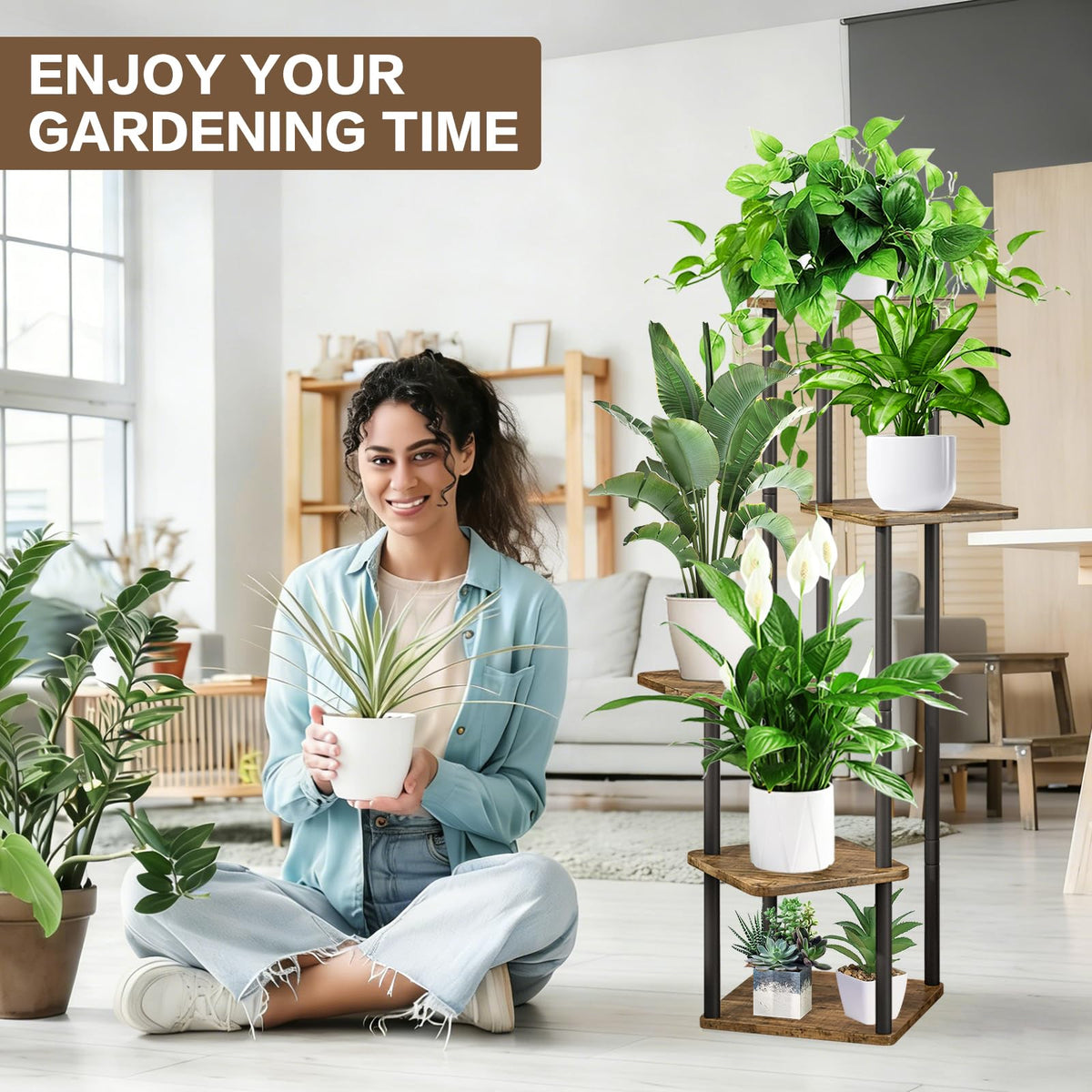 YOCOMEY balcony garden setup uses vertical space efficiently with this stand.