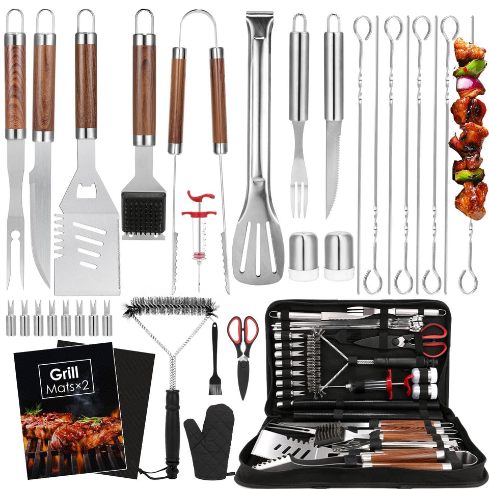 Yoehka BBQ grilling set with tongs and spatula for safe backyard cooking.