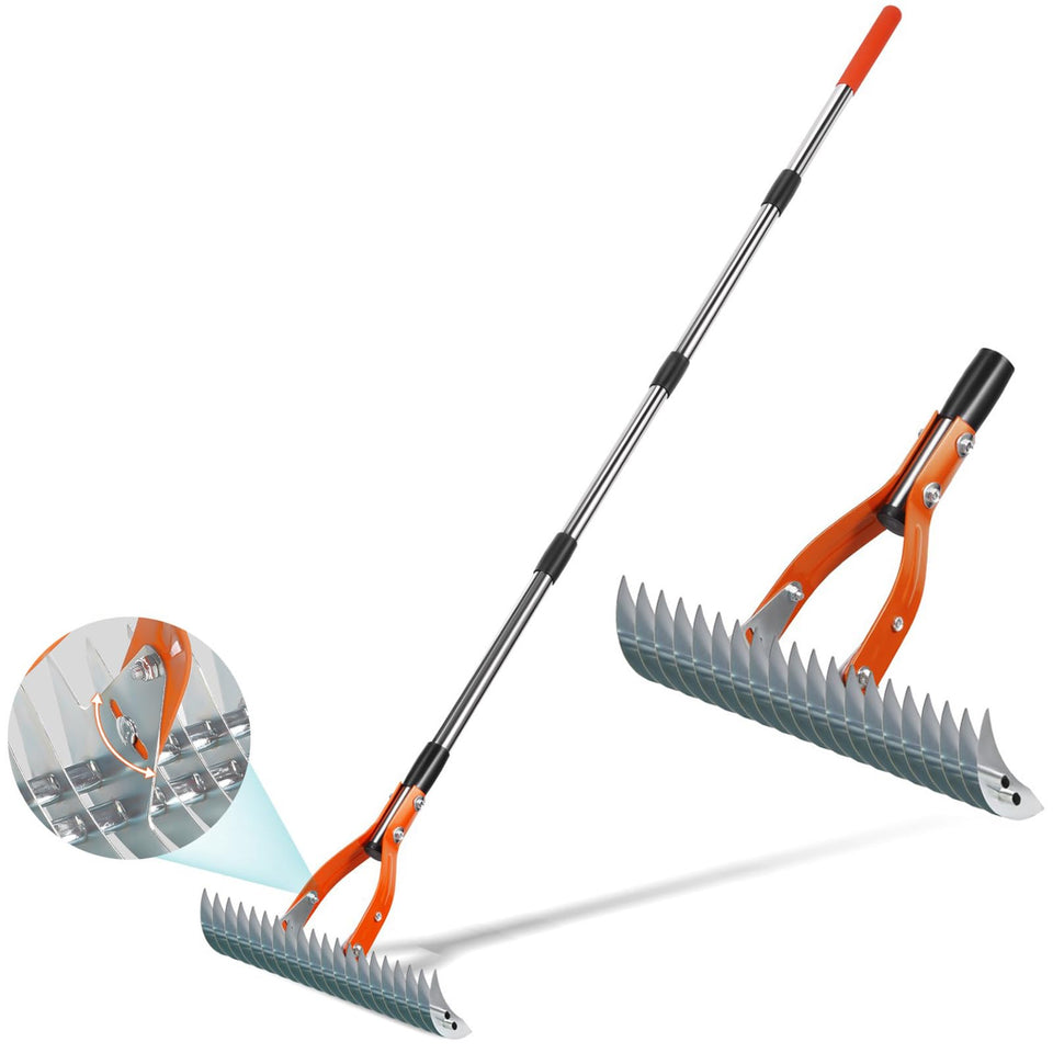Yofidra thatch rake 19-tine head removes lawn thatch and debris.