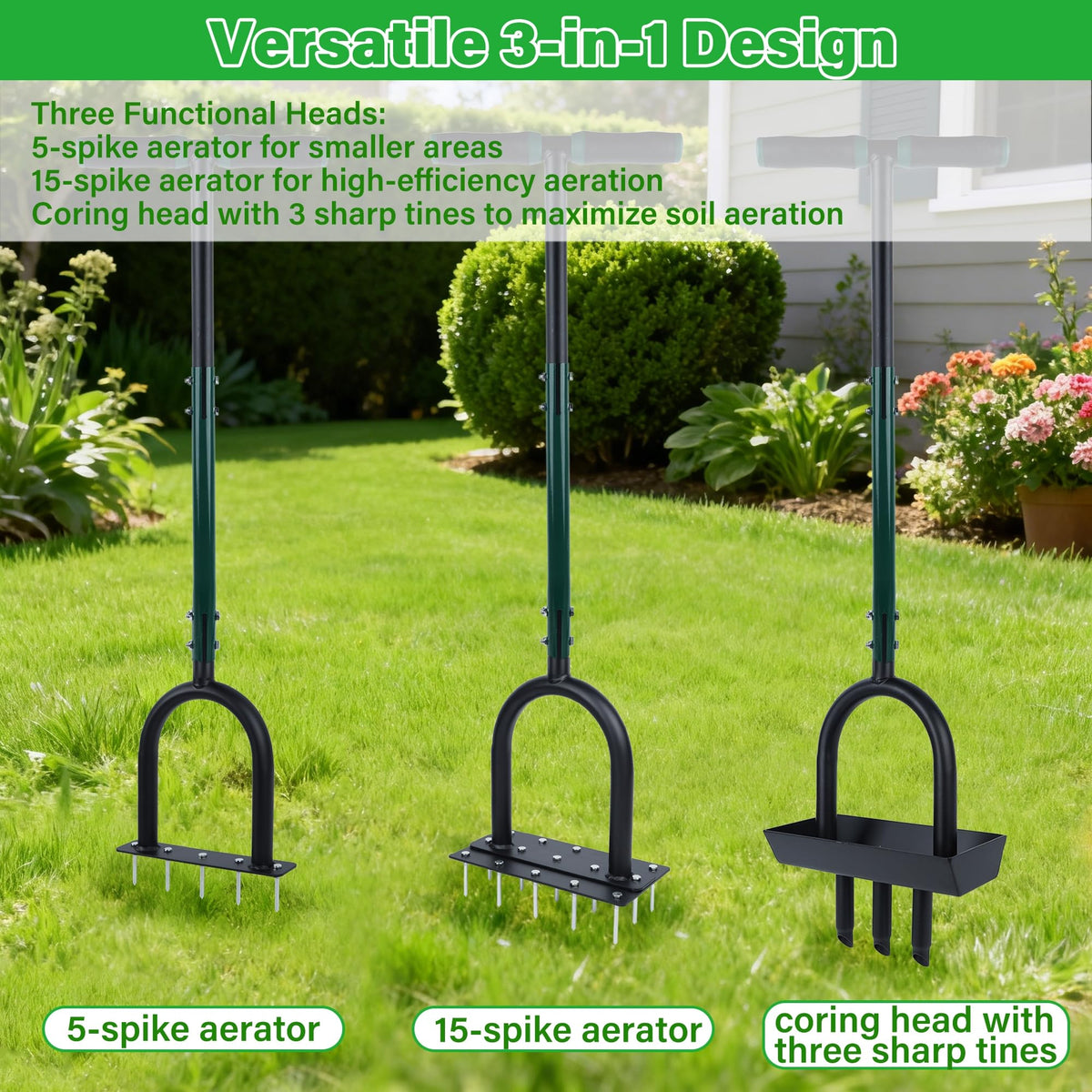 YOFIT 3-in-1 lawn aerator with 15-spike head for larger areas.