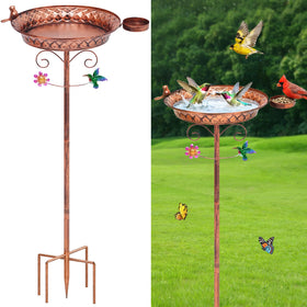 YOFOVI metal bird bath with 40 inch stand provides stable outdoor watering for birds.