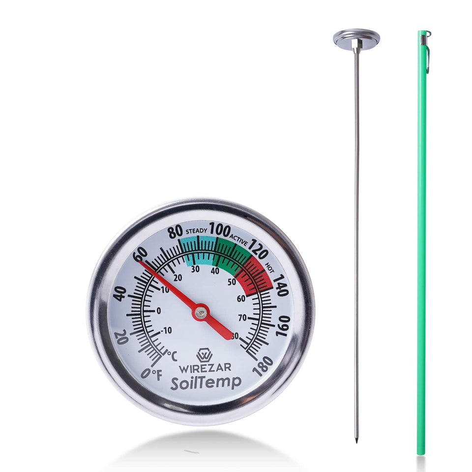 Yogyro backyard compost thermometer 16in with clear dial reads temperature for compost monitoring.