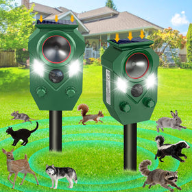YOHHOS ultrasonic repeller front view demonstrates solar-powered deterrence for yards