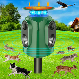 YOHHOS Ultrasonic Animal Repeller in garden providing 360° pest protection