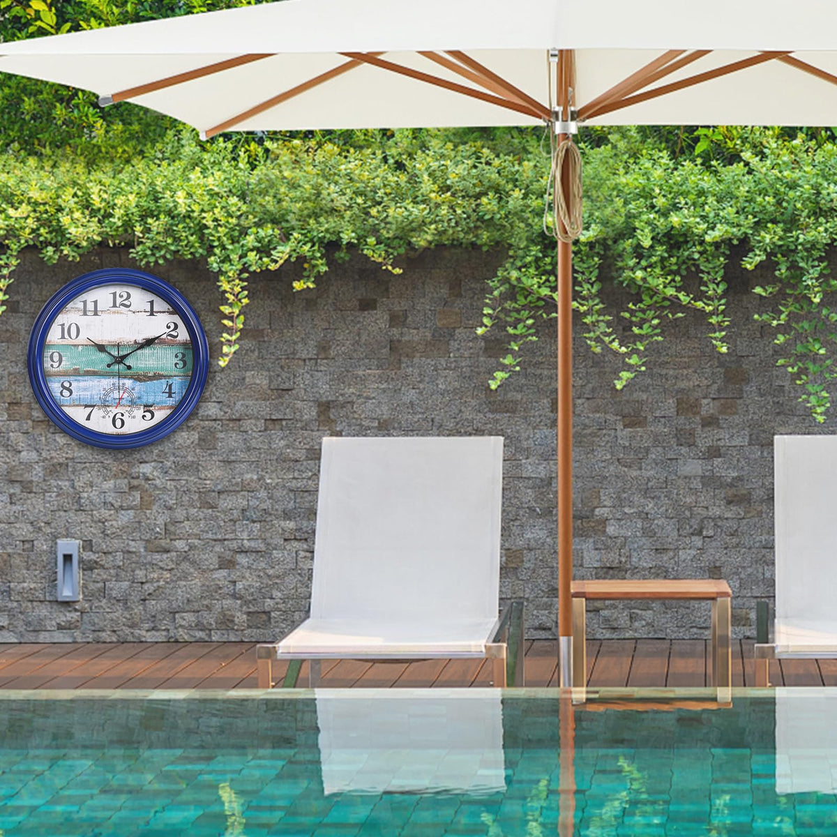 Yoiolclc waterproof outdoor clock near pool, durable in rain or sun.