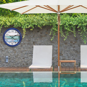 Yoiolclc waterproof outdoor clock near pool, durable in rain or sun.