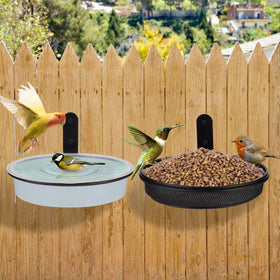 Yojanner 2-fence bird feeder trays mounted on a wooden fence improve drainage and freshness.