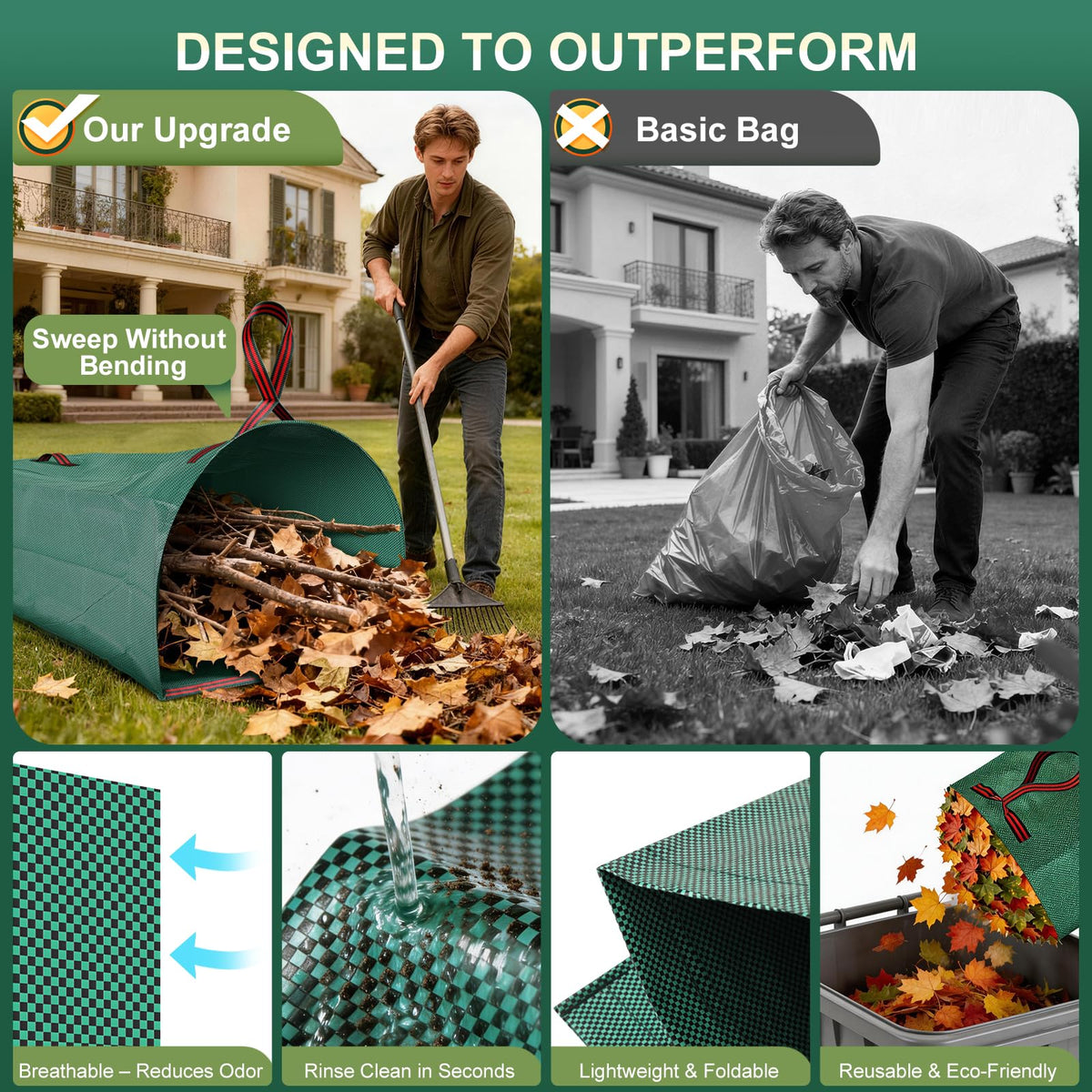 YoJinXtra dustpan opening lets you sweep leaves without bending.