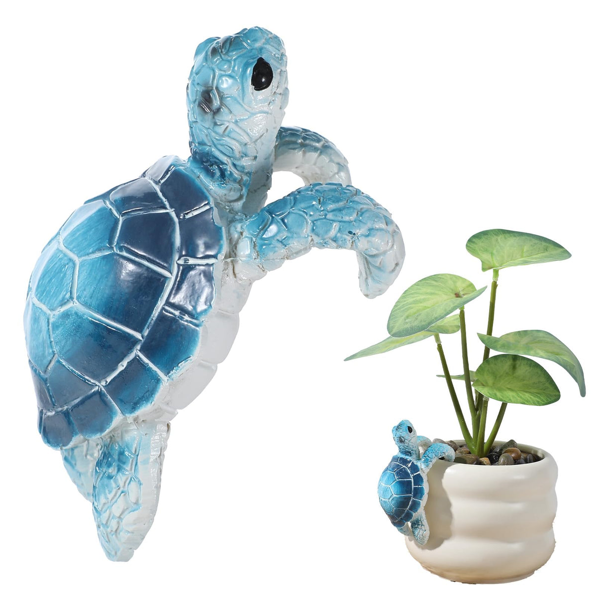 Yolev blue turtle planter hanger enhances indoor and outdoor plant displays.