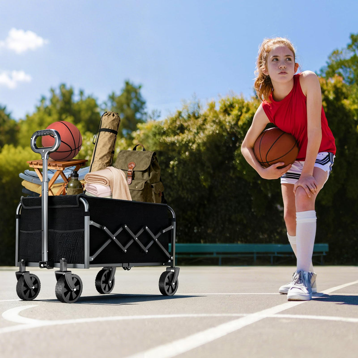 Yollber wagon with adjustable handle enables smooth pulling on errands.