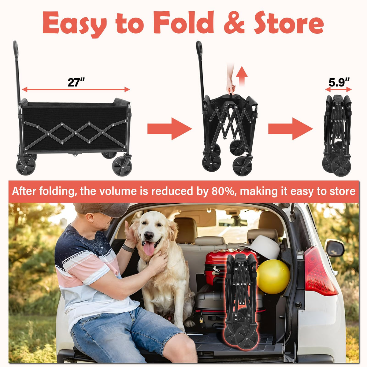 Yollber wagon folds for easy transport and storage during trips.
