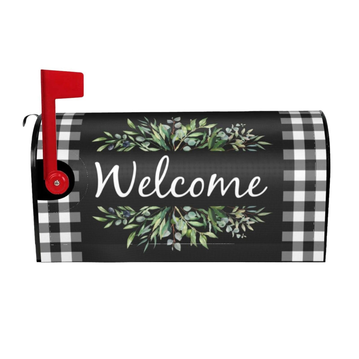 Yomane Wreath Buffalo Plaid mailbox cover, front view, boosts curb appeal