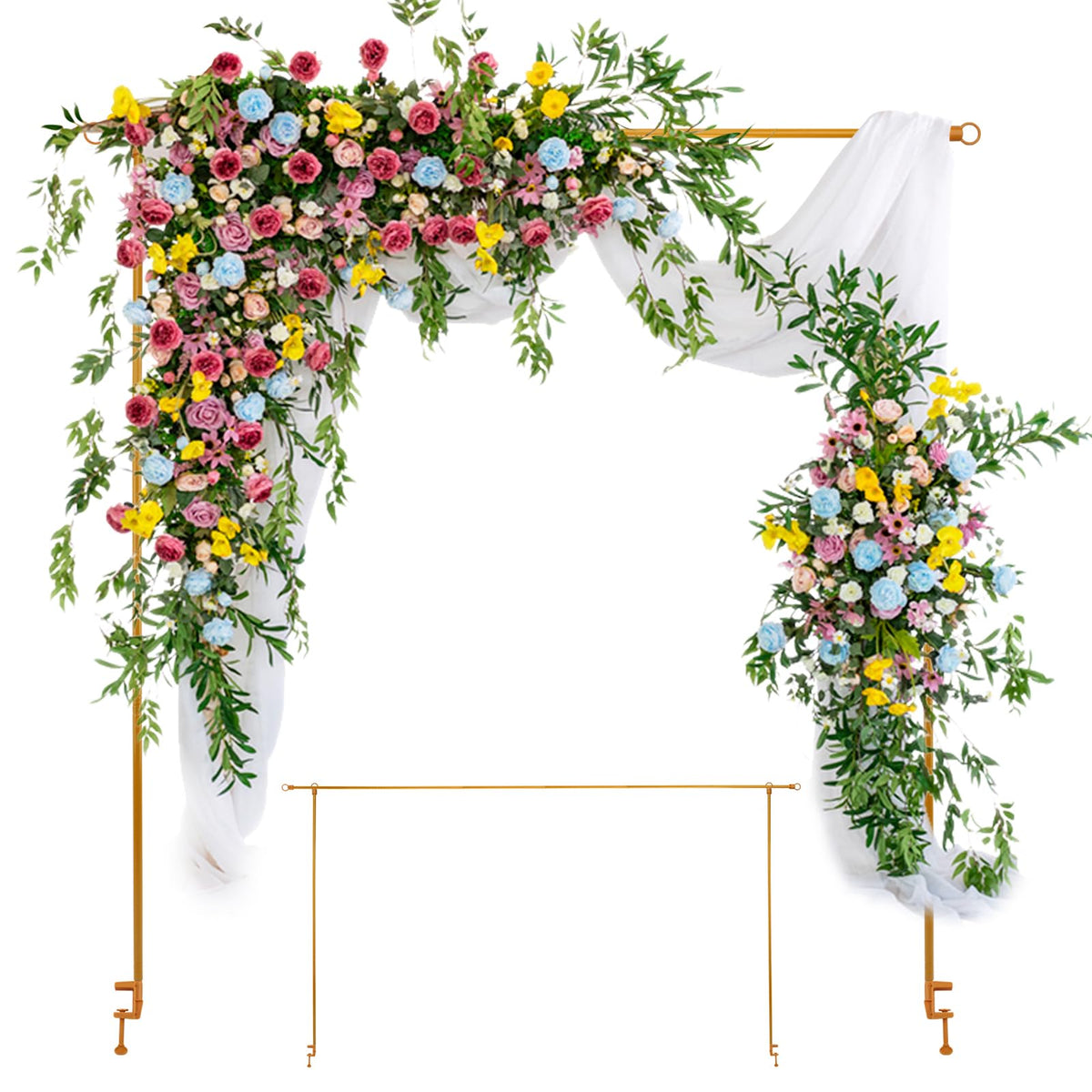 Yonderfume Decorative arch backdrop supports flowers, balloons, and lights.