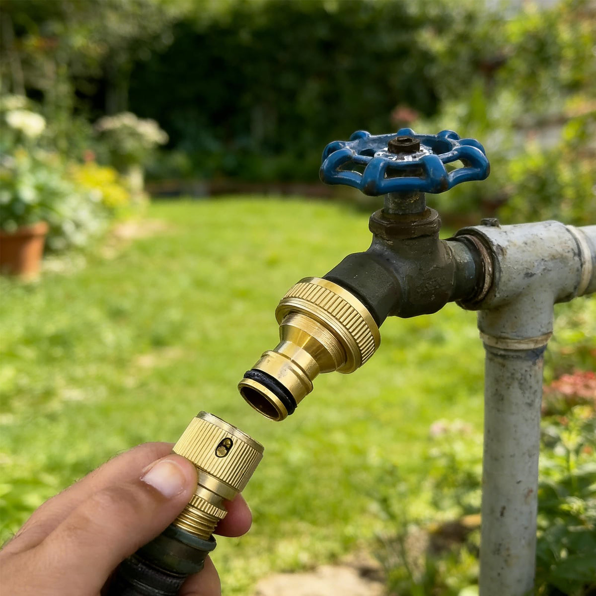 Yoniccal solid brass quick-connect fittings closeup showing durable construction