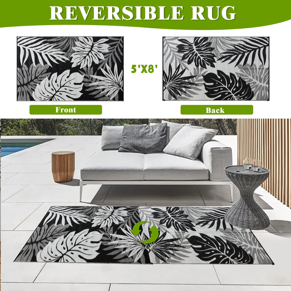 YONILE Outdoor Rug is waterproof and durable for all-weather outdoor spaces.
