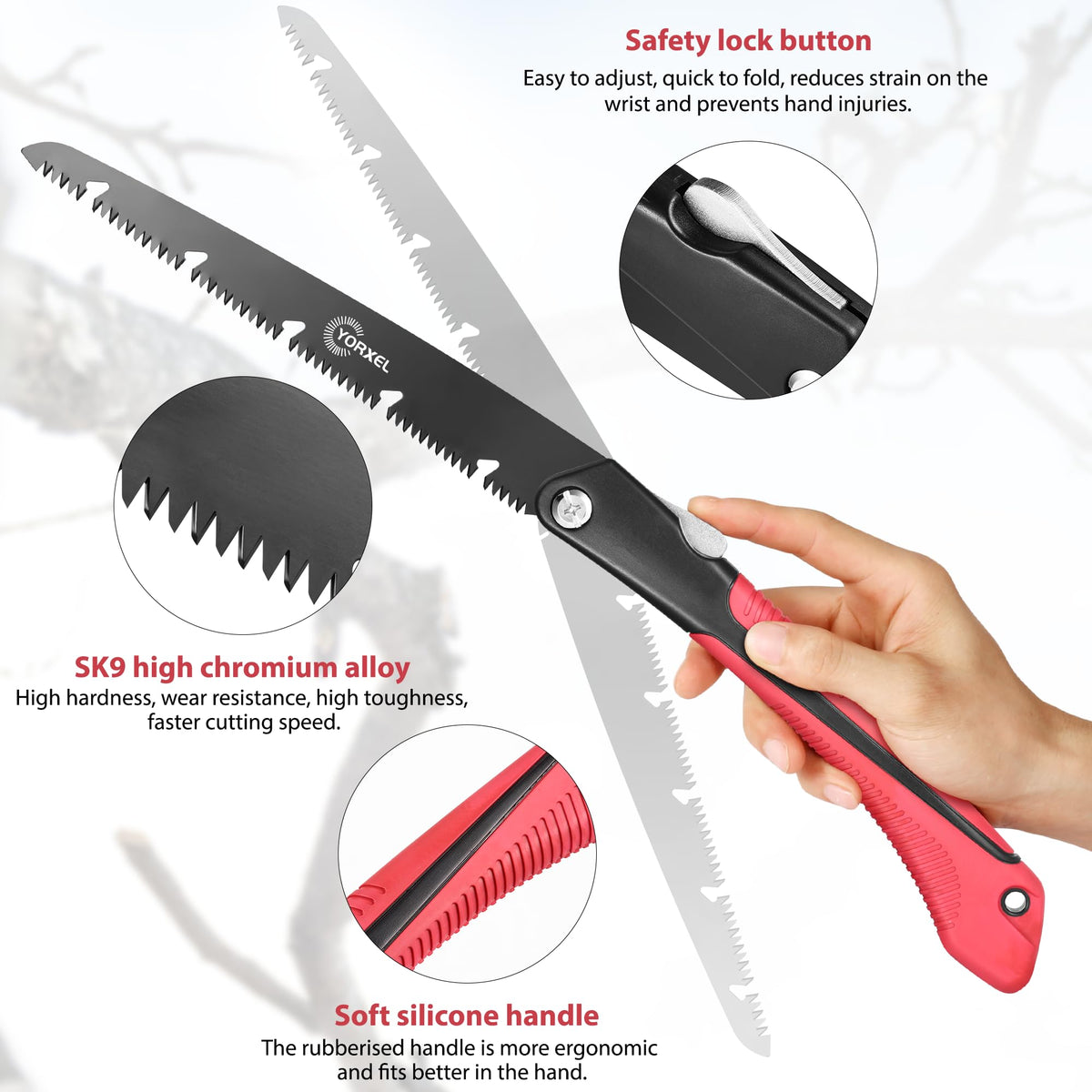 YORXEL ergonomic silicone handle offers a secure comfortable grip.