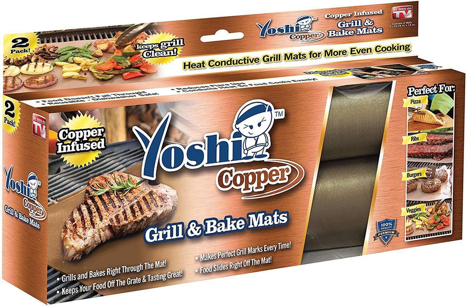Yoshi Copper grill mat on a hot grill; non-stick surface prevents sticking and easy cleanup.