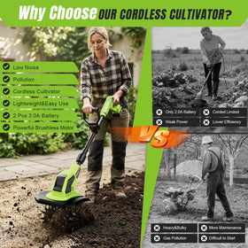 Yospinber tiller shows 9-inch width and 7-inch depth