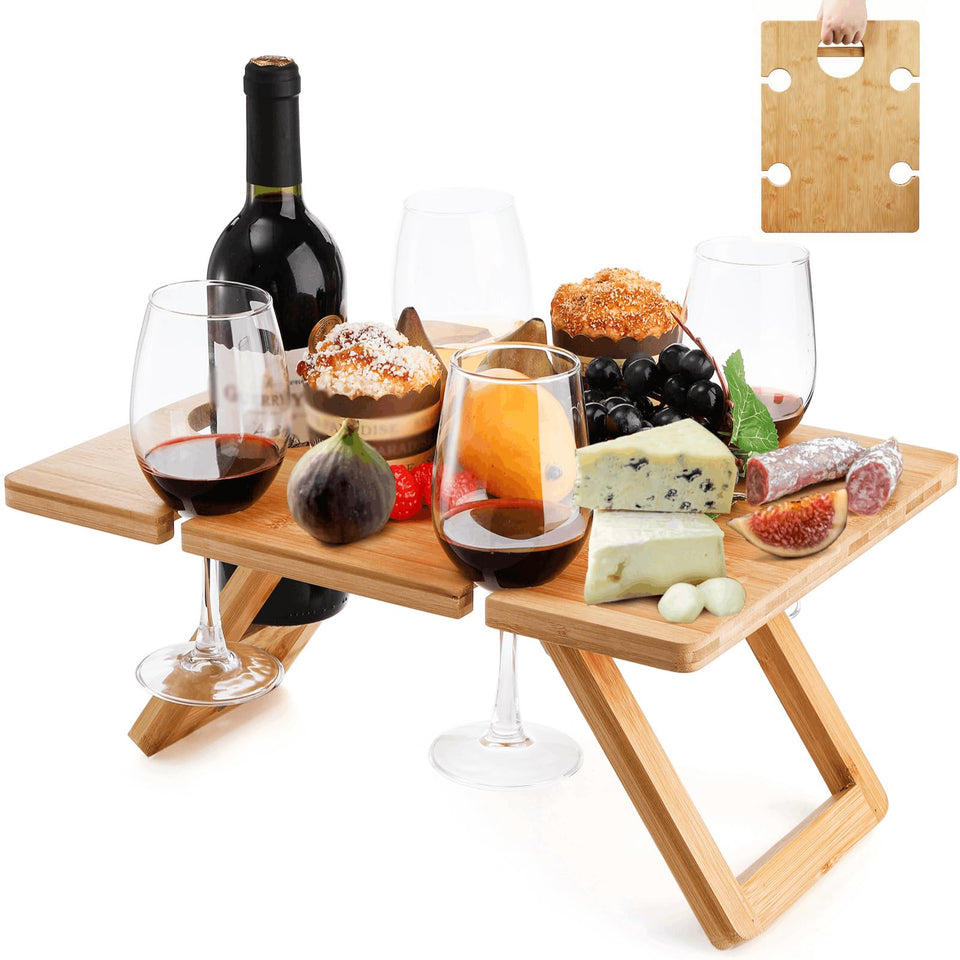 Youeon portable wine picnic table with folded legs for compact storage and easy transport.